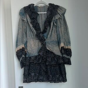 Ulla Johnson Ruffled Long Sleeve Dress in Blue, cream and brown